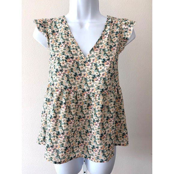 Sage Floral Babydoll Peplum Top Cottagecore Coquette Romantic Lace V Back Small - Picture 3 of 14